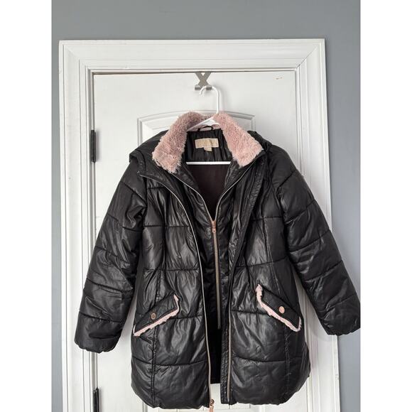 Michael Kors Girls Size 14 Black Puffer Coat Pink Faux Fur Hooded